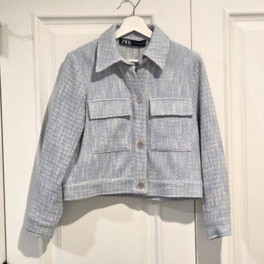 Zara Womens Tweed Light Blue Jacket